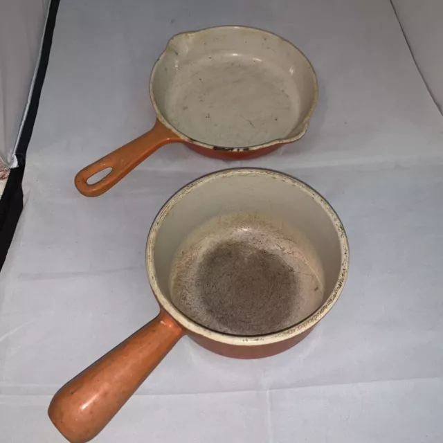 VTG LE CREUSET Orange Flame Enameled Cast Iron 2 Pc Set Skillet And Pot France