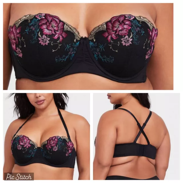 NWT Torrid Curve 42D Push-Up Strapless Multiway Bra Black Floral Embroidered