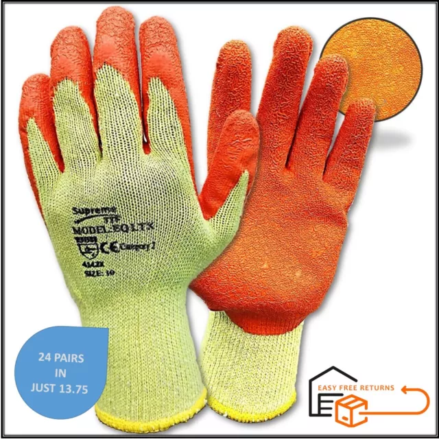 24 Pairs Orange Latex Coated Rubber Safety Work Gloves Mens Builders Gardening