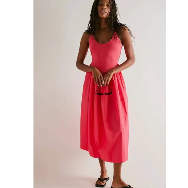 New Free People Dylan Midi Dress $128 SMALL Slim Fit Knit Body &  Poplin Skirt