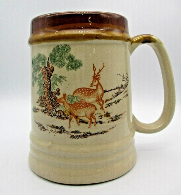 Vintage Beer Stein Mug Cup Deer Scene Brown Glazed Pottery Country Cottage Style