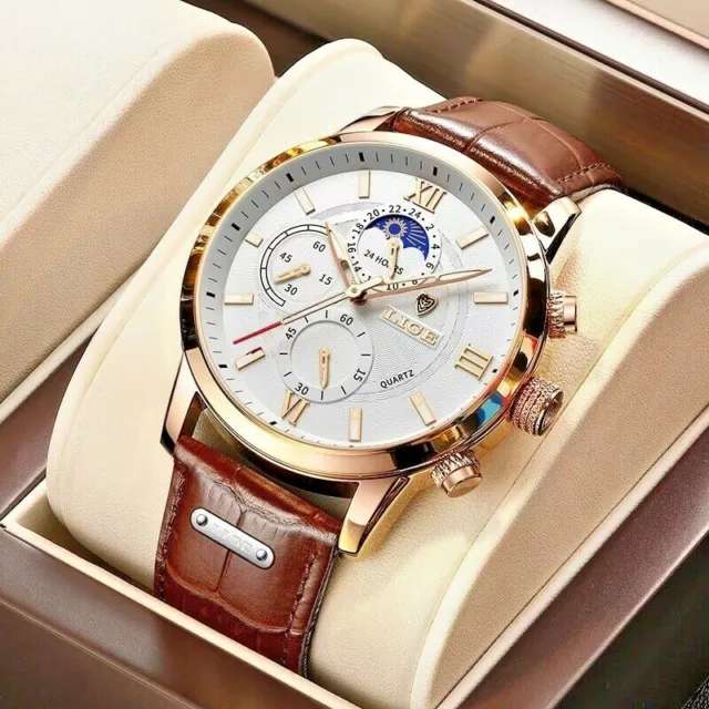 Mens Luxury Top Brand Casual Leather Moon Phase Chronograph Sport Quartz Watch