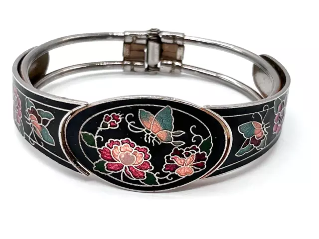 Vintage BUTTERFLY FLOWERS Cloisonne Enamel CLAMPER Spring Hinged Cuff Bracelet