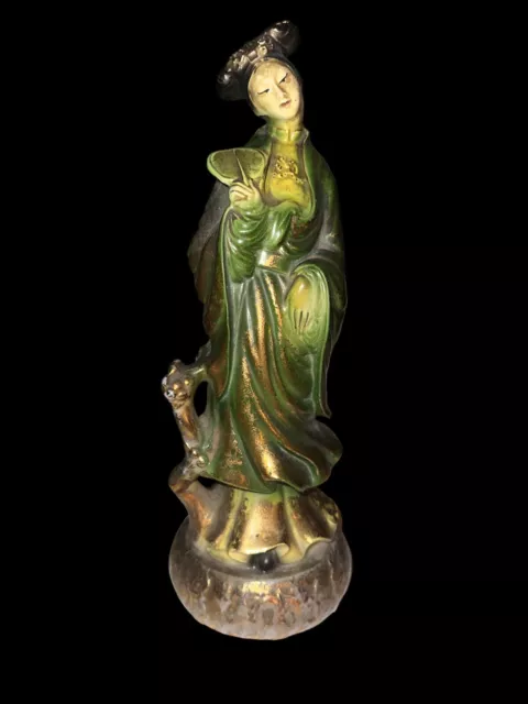 Antique Asian Chinese Geisha w/ fan  Green Porcelain Ceramic Art Figurine Statue
