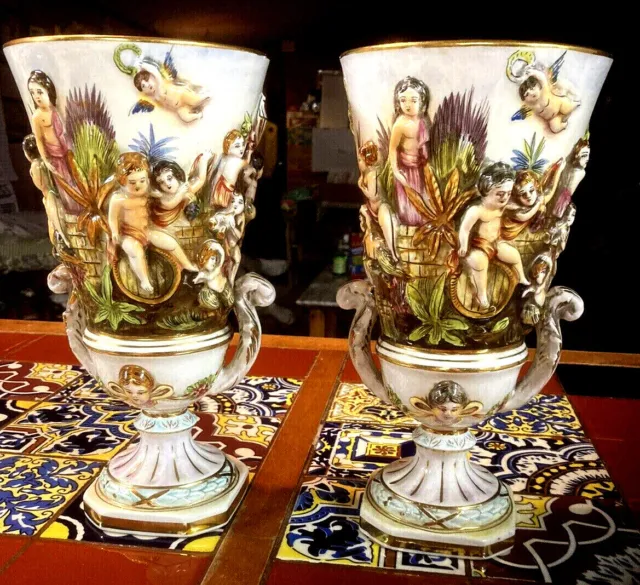 2 VTG Pair  ITALIAN VASE URN NUDE CHERUB HAND PAINT SIGN ITALY  Gold GUILTED