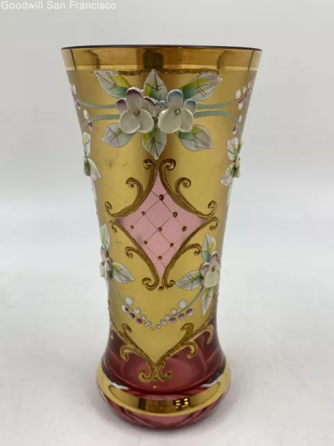 Vintage Czech Bohemian Gilting & Enamel Relief Floral Cranberry Crystal Glass