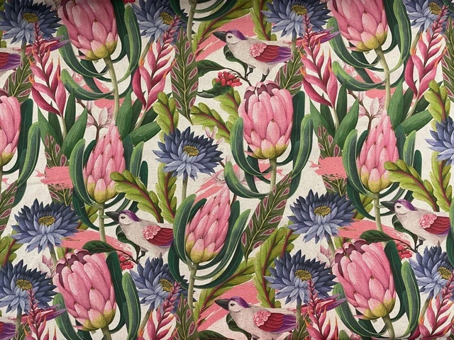 Paradise Bird & Protea Thistles Linen 280cm Wide Curtain/Blind/Upholstery Fabric