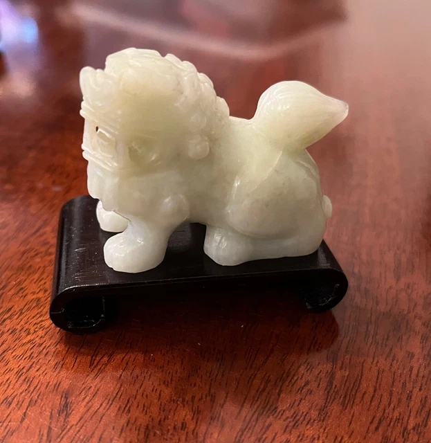 Vintage Chinese Jade Foo Dog Hand-carved Sculpture on Wooden Stand
