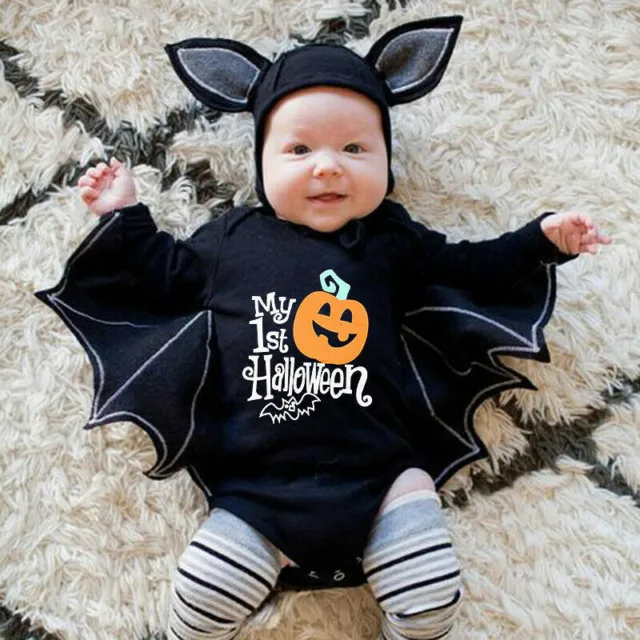 Toddler Baby Boys Girls Halloween Cosplay Bat Costume Romper Hat Outfits Set