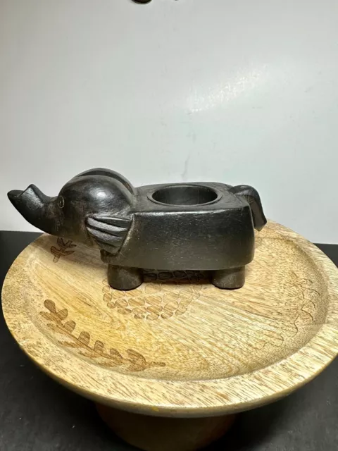 Vintage Wooden Rustic Elephant Hand Carved Totem Votive, Tea Light Candle Holder 2