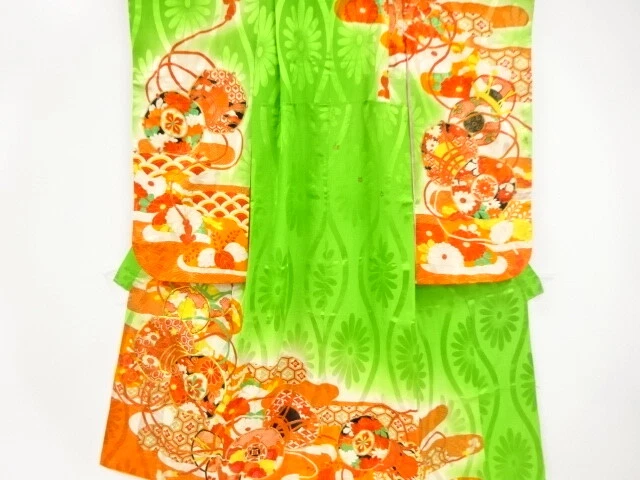 98088# Japanese Kimono / Antique Kimono For Girls / Embroidery / Drum Pattern