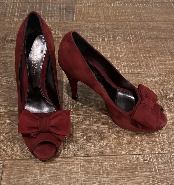 Gianvito Rossi Burgundy Suede Peep Toe Pumps with Bow Size 38.5/US 8