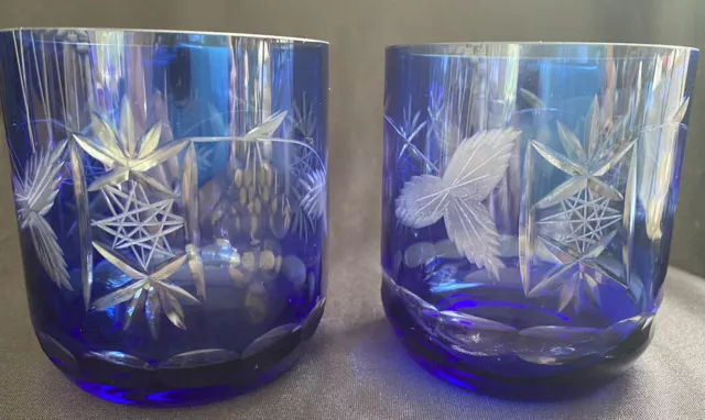 REDUCED****Pair (2) Vintage Bohemian deep cobalt etched “on The Rocks!!” Glasses