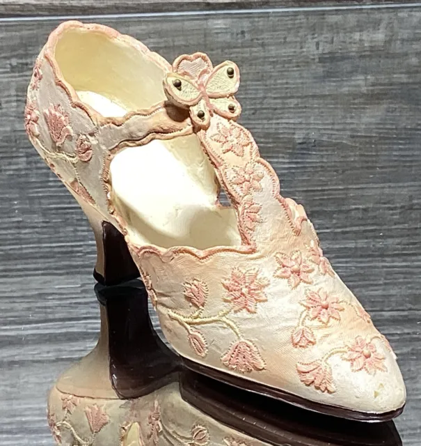 Vintage Miniature Victorian Shoe Ornament Pink Flowers and Butterfly High Heel