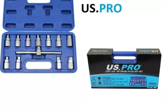 Us Pro 12pc  Drain Oil Plug Removal Hex Square Socket Set Sump Gearbox Axle Key