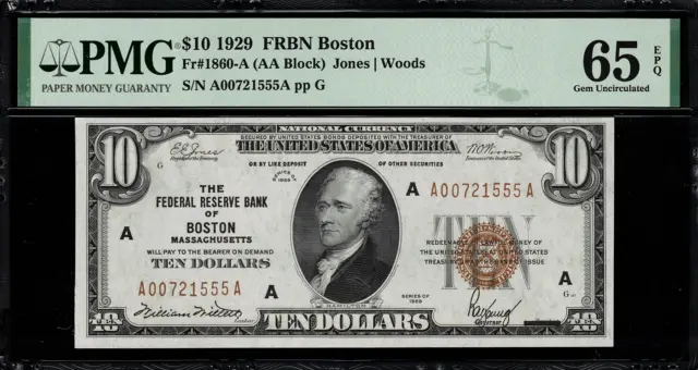 1929 $10 Federal Reserve Bank Note - Boston - FR.1860-A - Graded PMG 65 EPQ