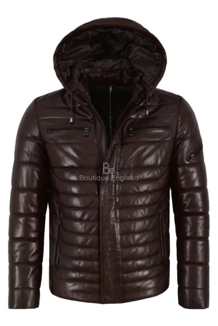 Men's Puffer Hooded Lambskin Leather Jacket Brown Real Napa Fully Quilted 2006