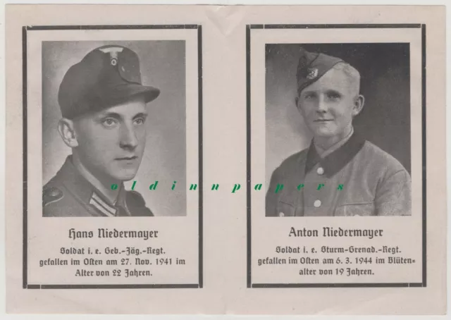 Sterbebild Sturm Grenadier + Gebirgsjäger  2 Brüder 1944 +1941 gefallen im Osten