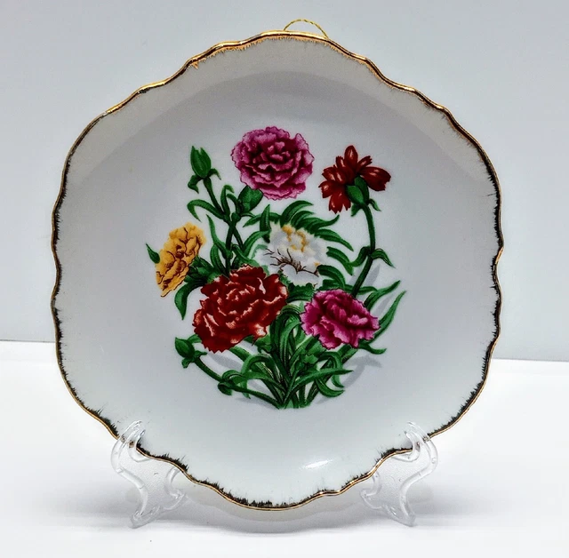 Vintage 7" Floral Hand Painted Decorative Plate Pink Red Yellow Dianthus Peony
