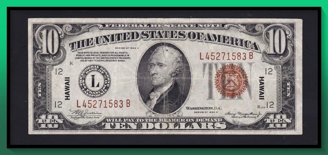1934A $10 HAWAII *WWII Emergency* VF (NO RESERVE AUCTION)