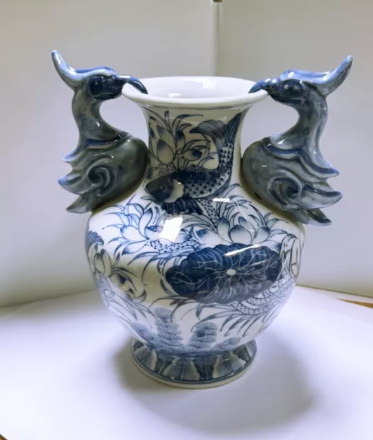 Beautiful Japanese Indigo Blue & White Vase Koi Fish And Bird Handles Excellent