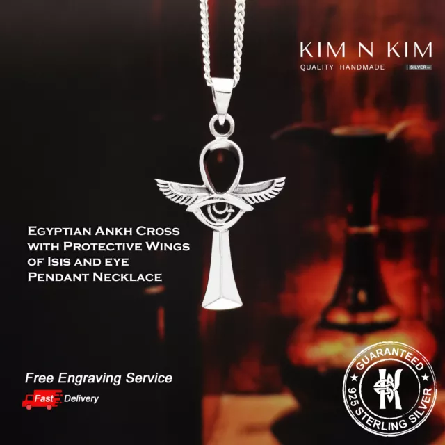 Ägyptische Ankh Kreuz mit Flügeln Von Isis Und Auge Anhänger Kette ✔️925 Silber