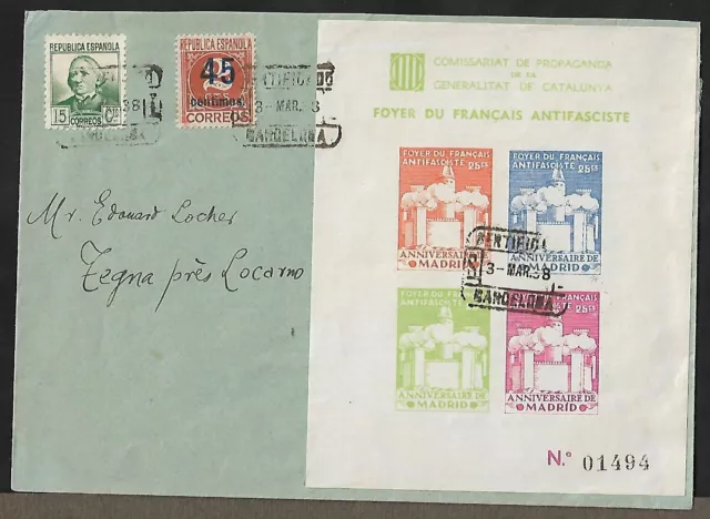 Spain Barcelona To Switzerland Imperf Anti-Fascist Sheet On Cover 1938