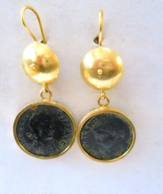 Vintage 18K Yellow Gold & Ancient Coin Set Drop  Style Earrings Roman Or Greek?