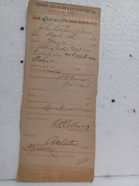 1892 Chicago Burlington Kansas City  Railroad Contract Original Bridge Contract