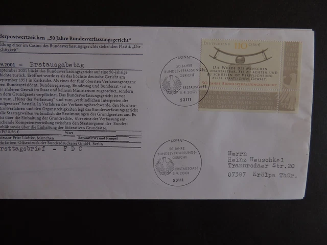 Bundesverfassungsgericht 2001 Ganzsache Einschreiben Erstausgabe Stempel Bonn