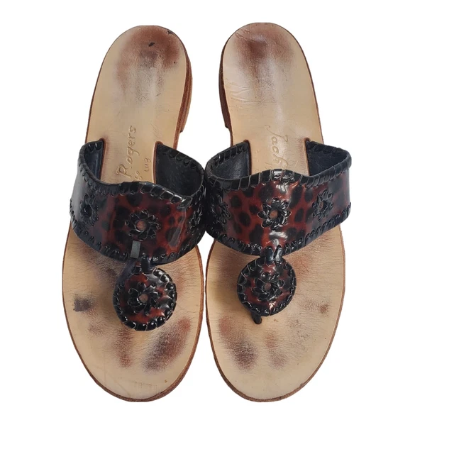 Jack Rogers Sz 8 Brown Black Animal Print Thongs Patent Leather