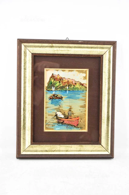 Quadro Paesaggio Con Barche Verticale Dipinto Su Foglia Oro 26x32 Cm