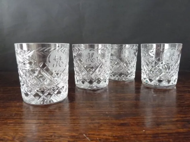 4 Stuart Crystal Cheltenham Cut Whisky Tumblers  Glasses With Monogram h8,3cm