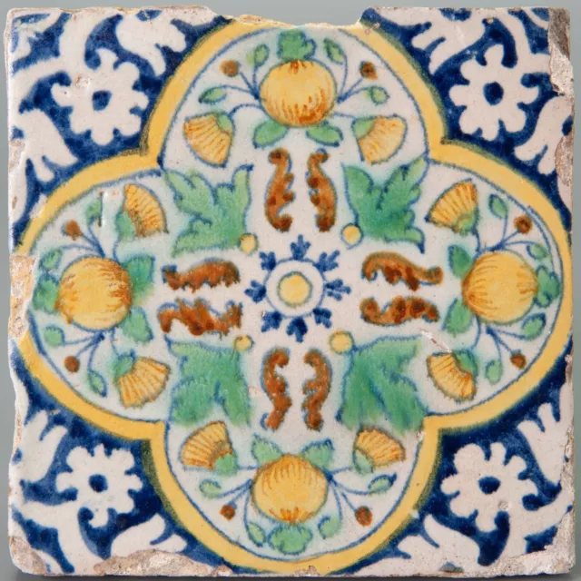 Nice Dutch Delft polychrome ornament flower tile,first half 17th ct. pompadour.