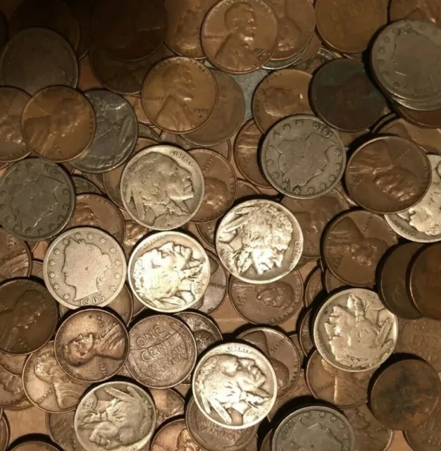 Coin Grab Bag Of Old U.s. Wheat Cents, Buffalo Nickels, And V Nickels