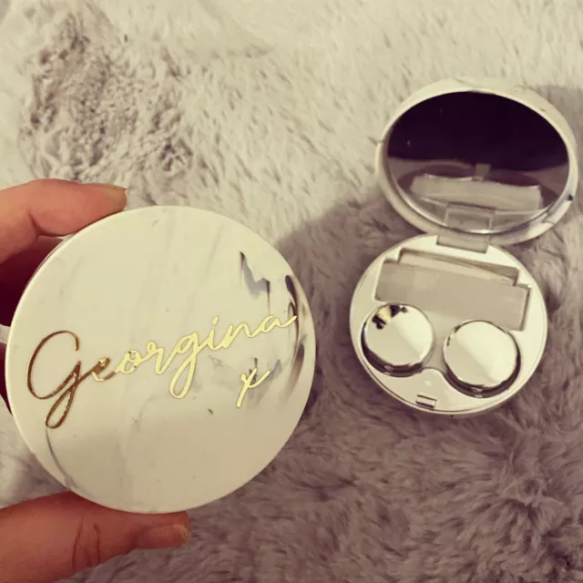 Personalised marble / silver compact travel contact lenses case