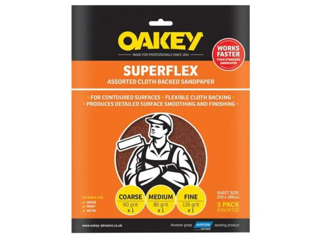 Oakey Superflex Tuch Beschichtet Aluminium Oxid Blätter 230 x 280mm Sortiert (3)