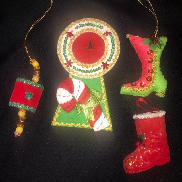 Vintage Mid Century Lot of 4 Felt Christmas Ornaments Sequin Boots Drum Door