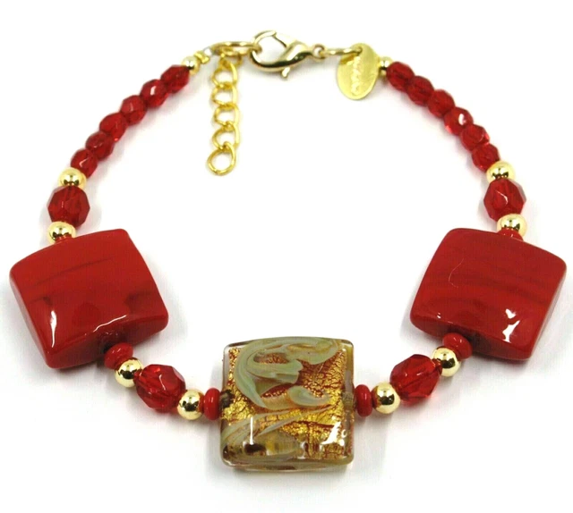 Bracelet Perles De Verre Murano - Rouge Et Bleu Clair - Longueur 19 Cm - Très Bon état