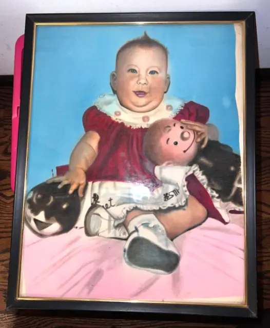 Vintage Canvas Painted Chubby Girl Baby In Dress Toy Ball Picture Frame