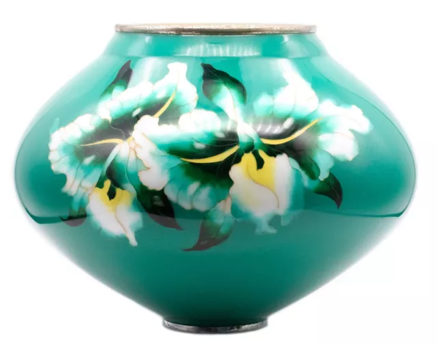 Ando Jubei Japan 1950 Showa Period Cloisonné Enamel Green Bombe Vase