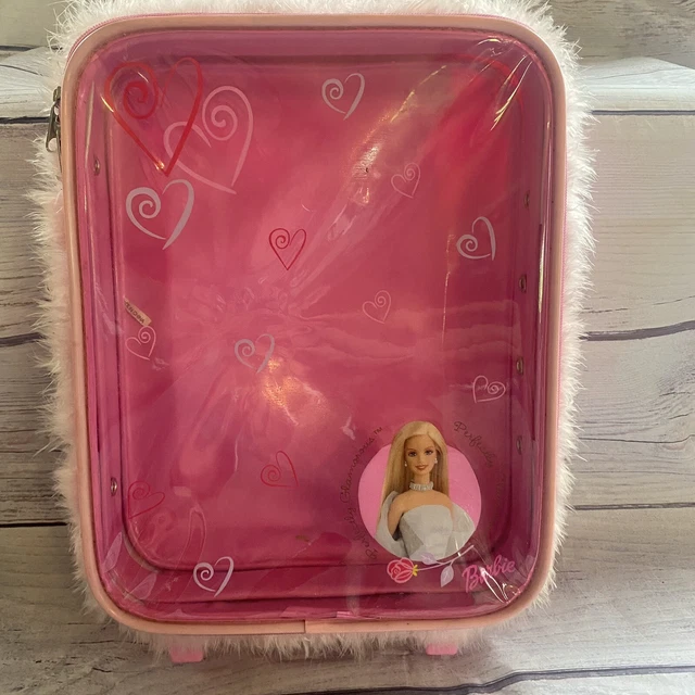 Barbie Perfectly Glamorous Rolling Suitcase Carrier Pink Fur Trim Hearts Zip