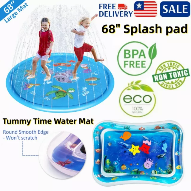 68" Sprinkler Splash Pad Kids Play Mat Wading Pool Summer Toddlers Outdoor Toys