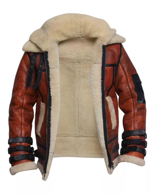 Men’s Raf B3 Aviator Double Collar Shearling Sheep Skin Bomber Leather Jacket