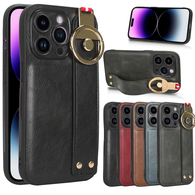 For iPhone 15 Pro Max, Hybrid Retro Leather Wrist Strap Case Cover Ring Opener