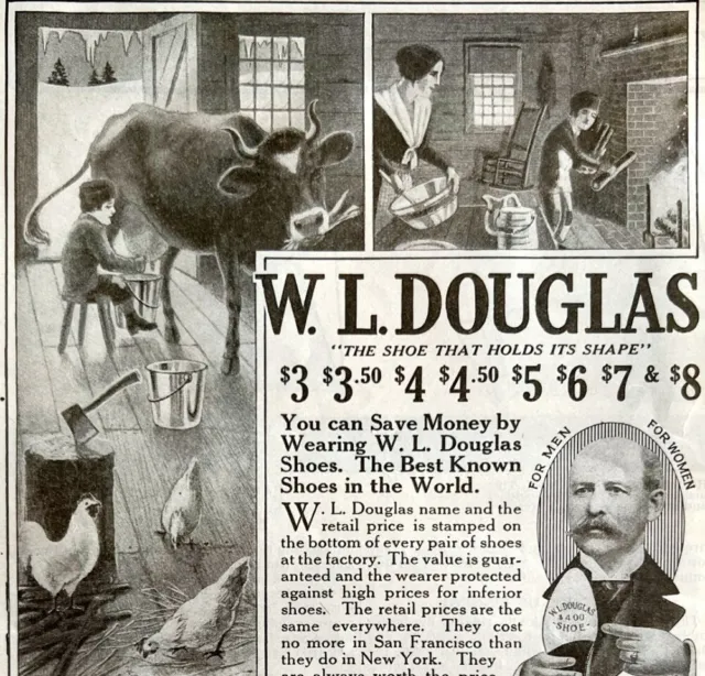 1917 W.L. Douglas Shoe Advertisement Farm Theme Milk Cow Ephemera LGADYC4