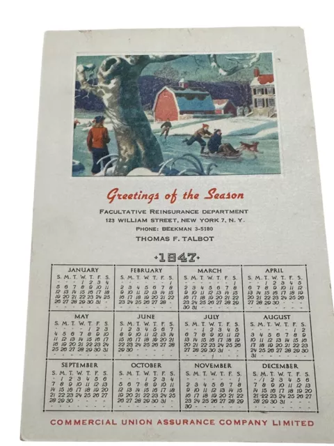 Vintage 1947 Calendar Advertising NY Union Assurance Co. Tomas F Talbot Card
