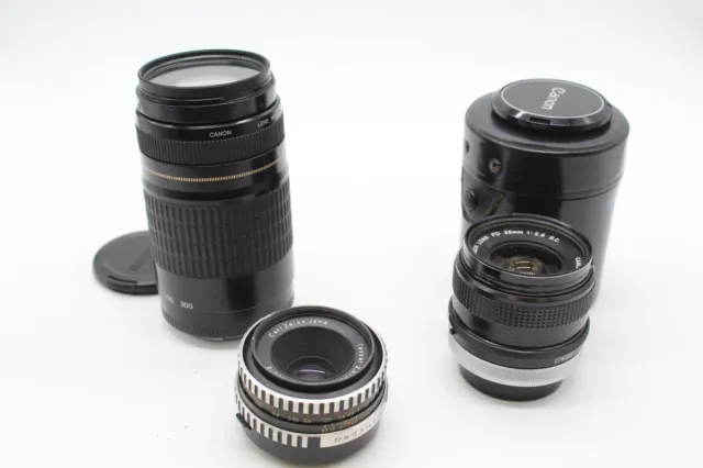 F x3 Vintage Cameras Lenses Inc Canon Zoom EF 75-300mm, Carl Zeiss Jena 50mm etc