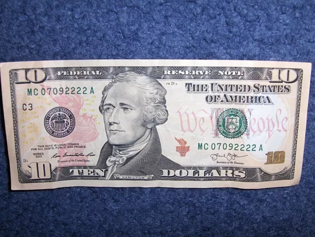 U.s. Ten Dollar Note With Cool 4-Of-A-Kind Serial Number! **Free Shipping**!