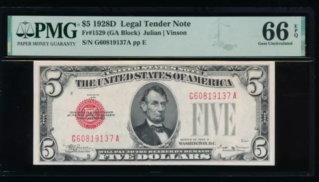 AC 1928D $5 Legal Tender PMG 66 EPQ G-A block GEM Fr 1529